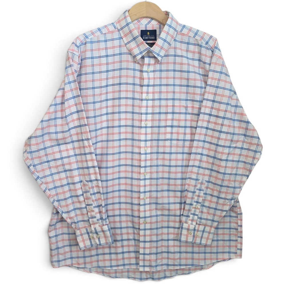 Stafford Mens Dress Shirt 17.5 34/35 Regular Fit Plaid Wrinkle Free Oxford